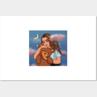 portrait girl holding a teddy bear in the clouds illustration aesthetic Posters and Art